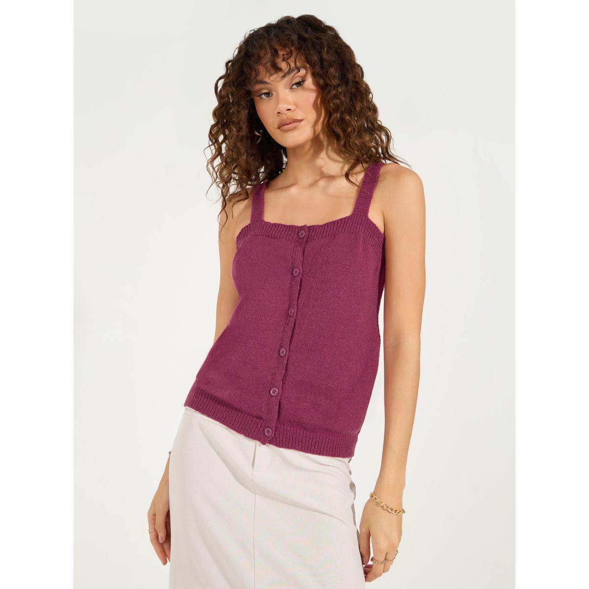 Styli Flat Knit Cami Top with Front Button Detail-women-clothing-tshirts-image-1