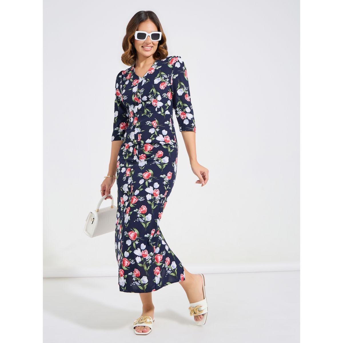Styli Floral Print 3/4 Sleeves Maxi Dress-women-clothing-dresses-image-4