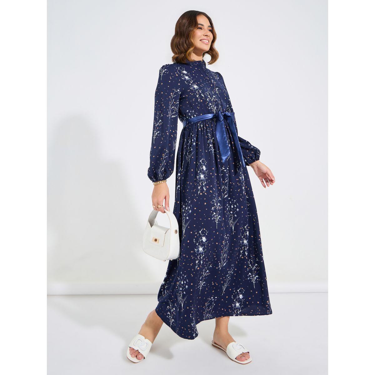 فستان طويل مطبع بالكامل مع ياقة عالية وحزام خصر-women-clothing-dresses-image-2