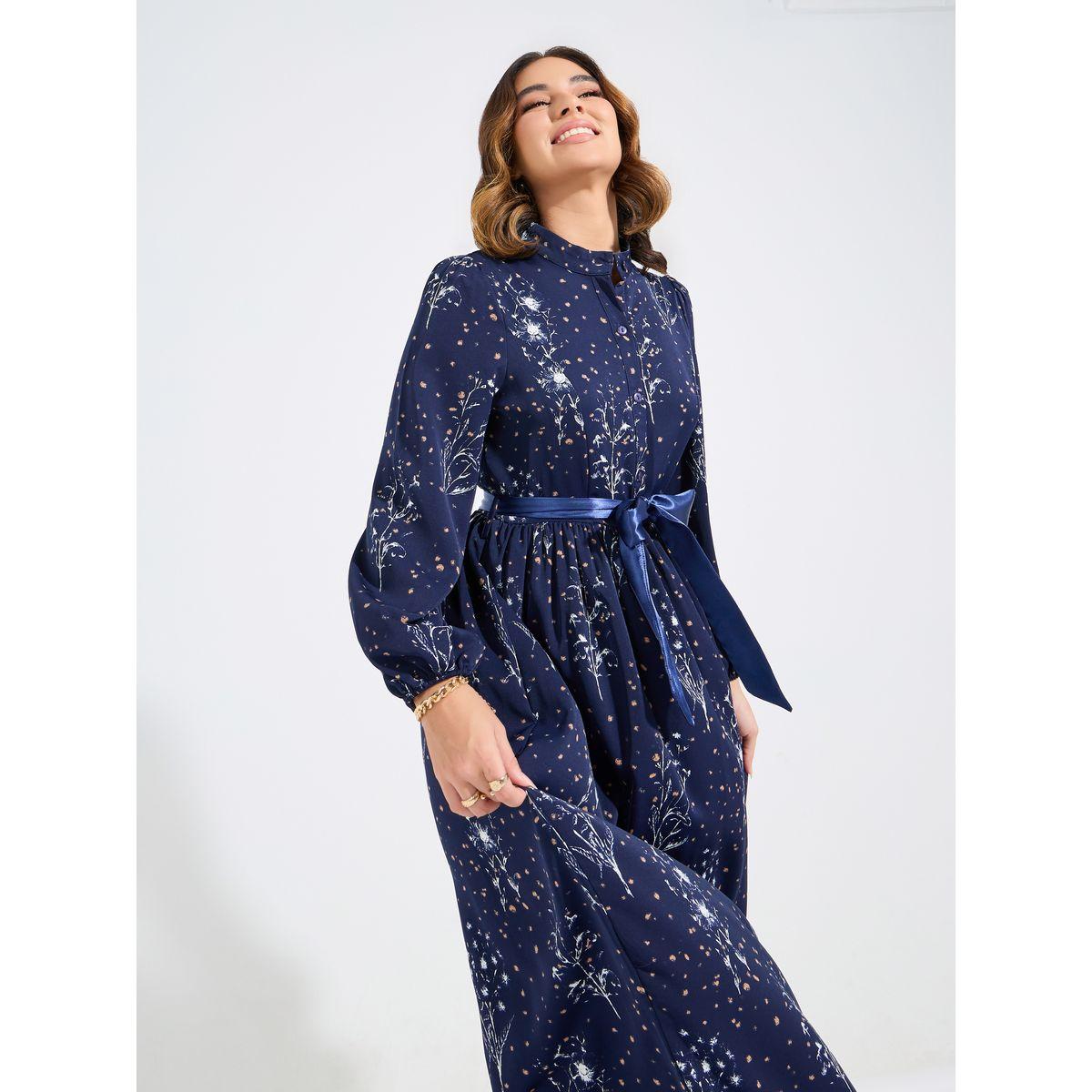 فستان طويل مطبع بالكامل مع ياقة عالية وحزام خصر-women-clothing-dresses-image-5