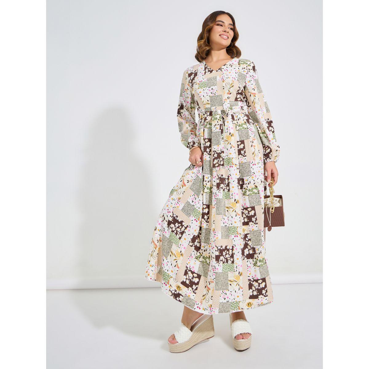 Styli Patchwork Print Long Sleeves Maxi Dress-women-clothing-dresses-image-1