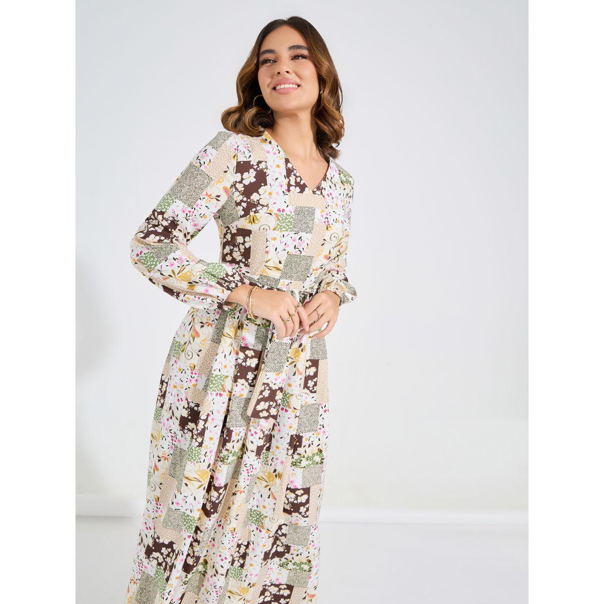 Styli Patchwork Print Long Sleeves Maxi Dress-women-clothing-dresses-image-2