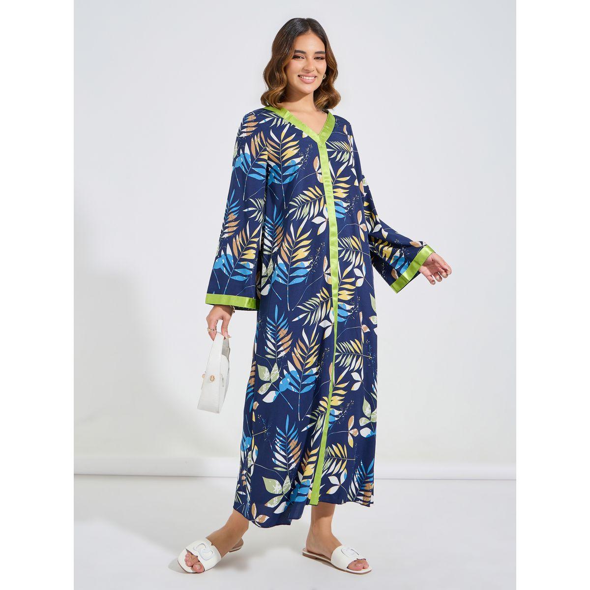 Styli Floral Print V Neck Jalabiya-women-arabicclothing-jalabiyas-image-1