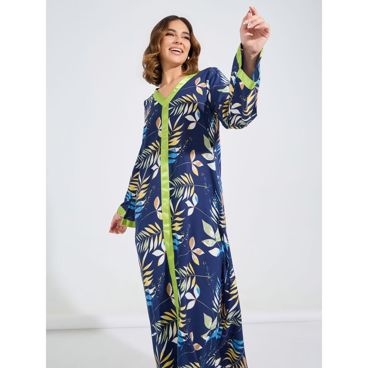 Styli Floral Print V Neck Jalabiya-women-arabicclothing-jalabiyas-image-2