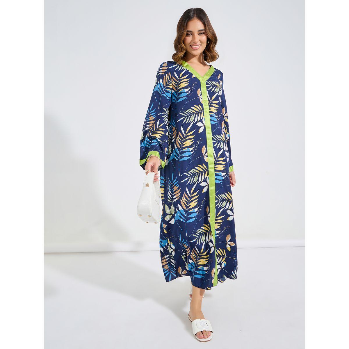 Styli Floral Print V Neck Jalabiya-women-arabicclothing-jalabiyas-image-4