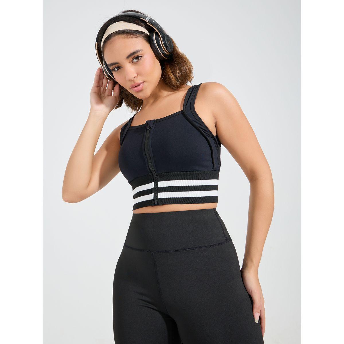 Styli Active Dual Stripe Broad Underband Front Zip Up Sports Bra-sports-women-clothing-sportsbras-image-1