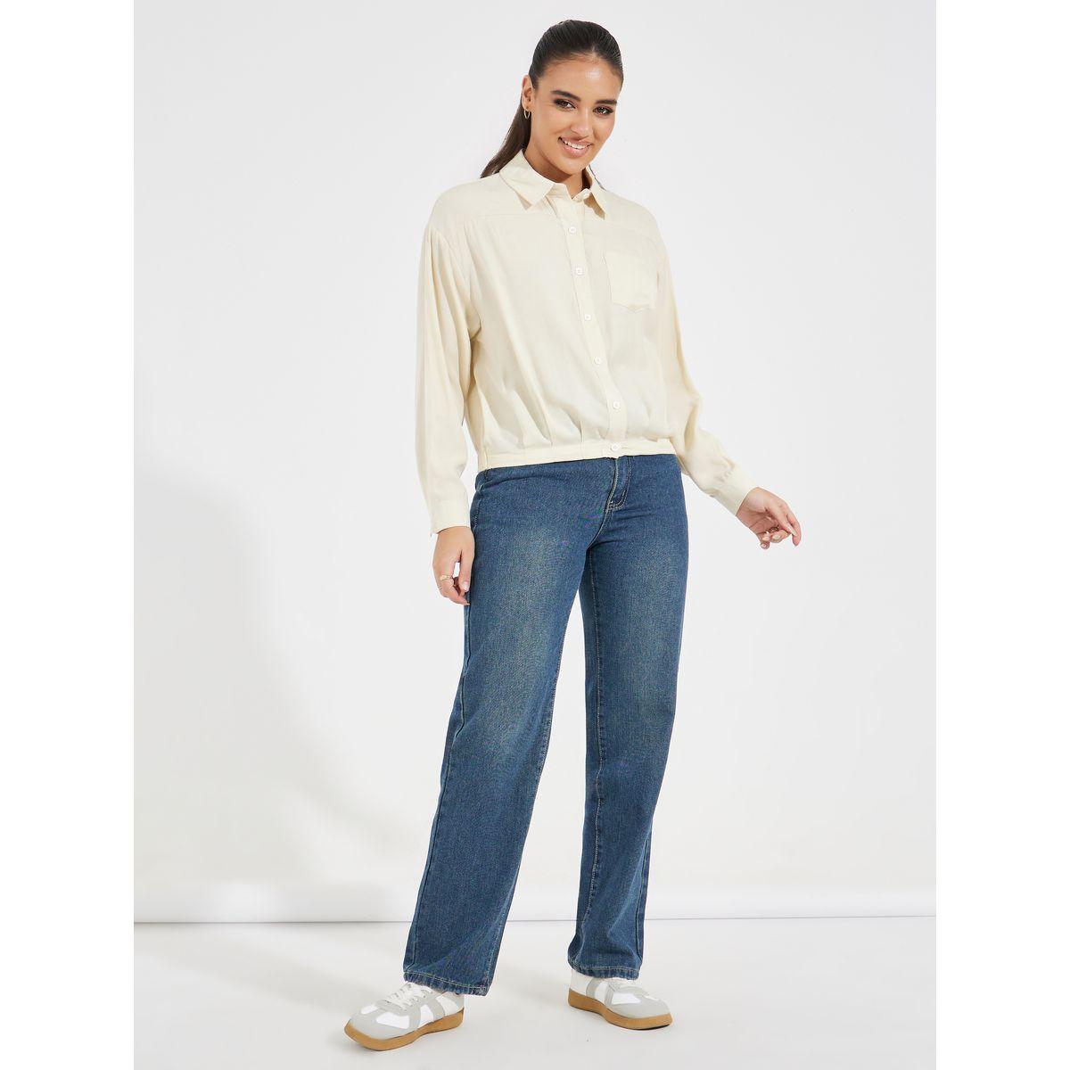 Styli Solid Elasticated Hem Relaxed Fit Blouson Shirt-women-clothing-shirtsandblouses-shirts-image-2