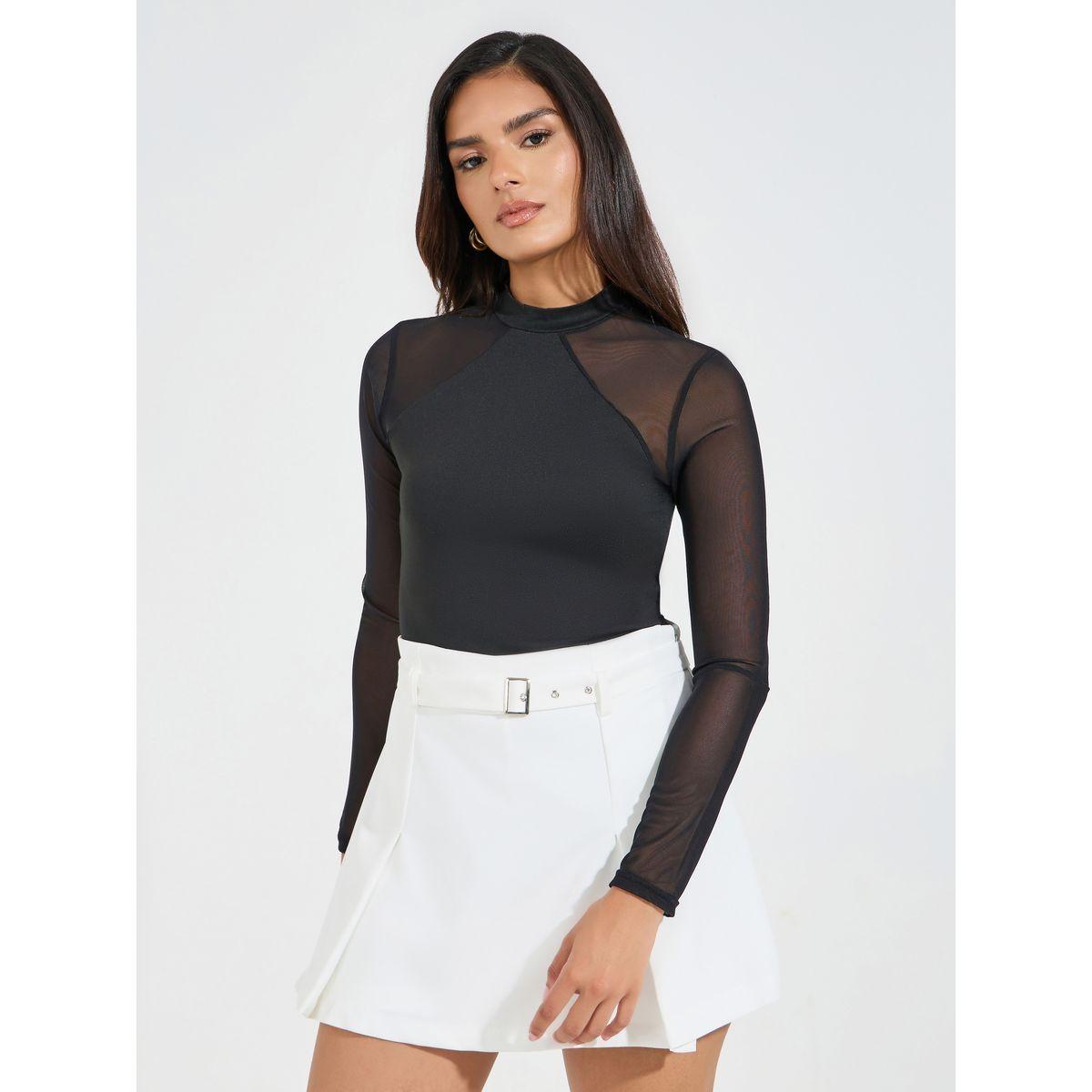 Styli High Neck Knit Bodysuit with Mesh Sleeves-women-clothing-tshirts-image-3