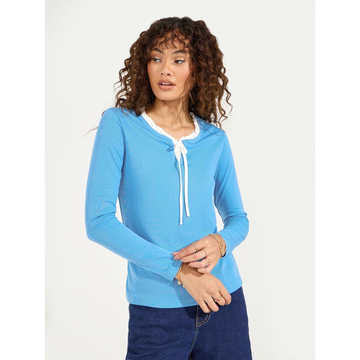 Styli Solid Knit Top with Long Sleeves & Tie Up Neck-women-clothing-shirtsandblouses-blouses-image-1