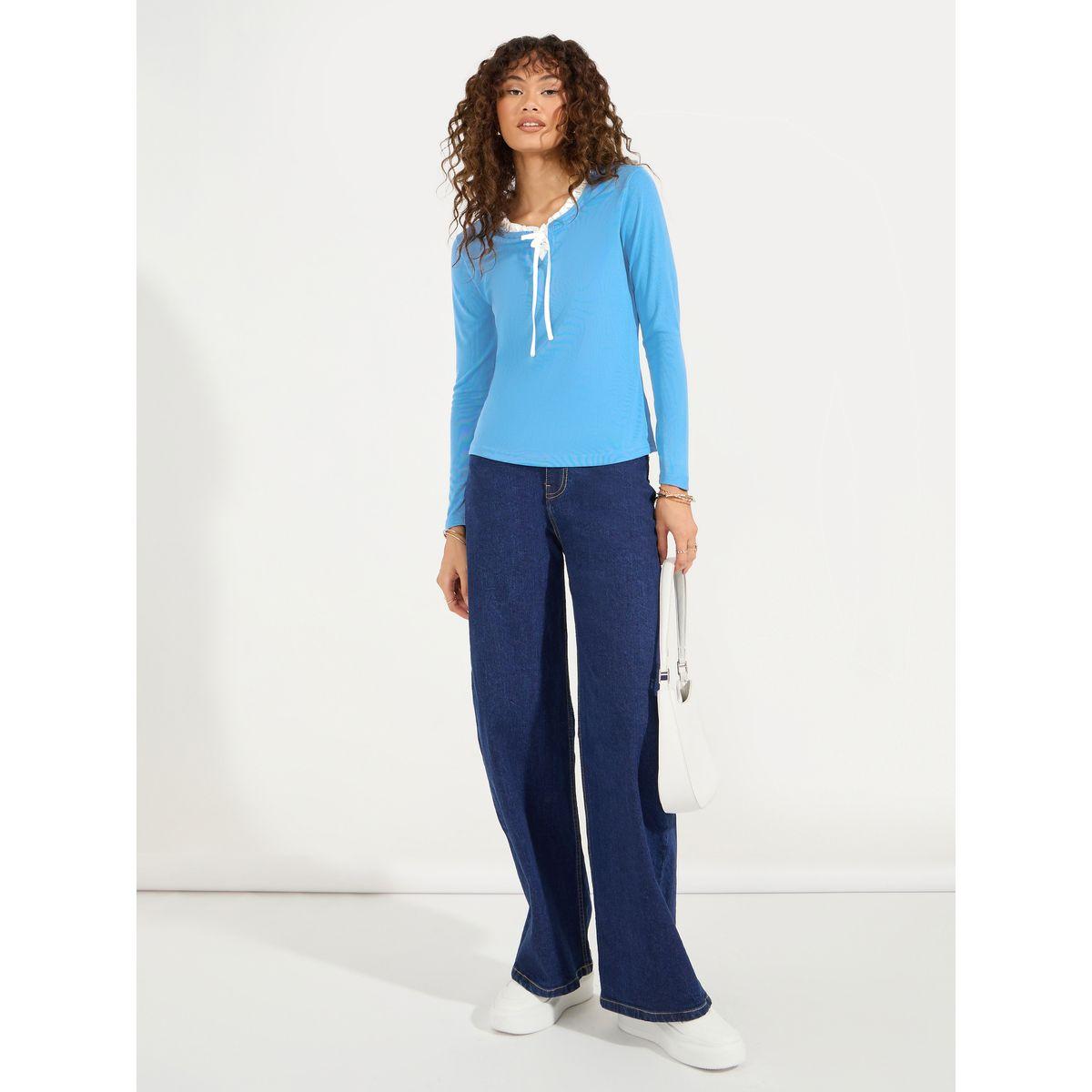 Styli Solid Knit Top with Long Sleeves & Tie Up Neck-women-clothing-shirtsandblouses-blouses-image-2