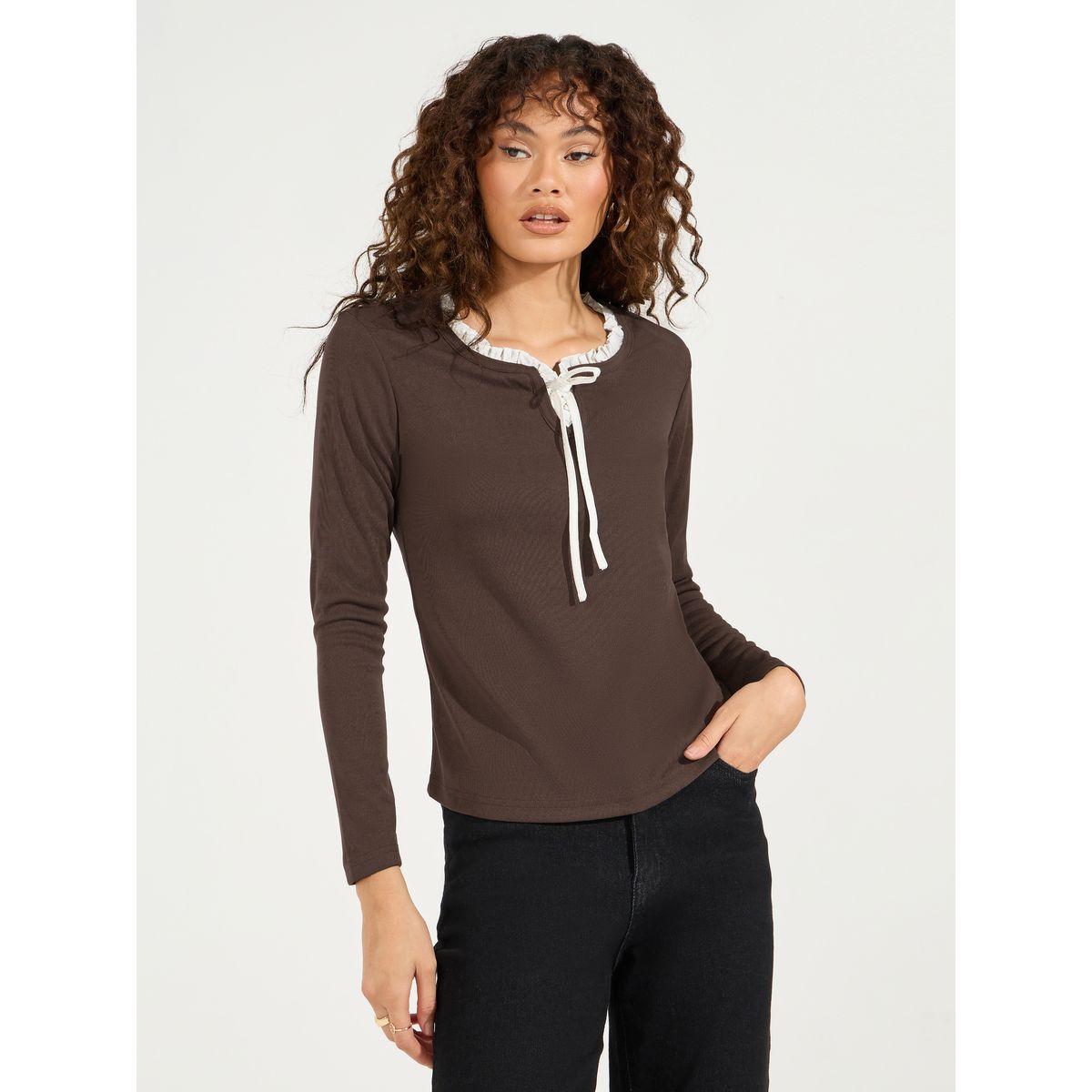 بلوزة محبوكة سادة مع ياقة بأربطة-women-clothing-shirtsandblouses-blouses-image-1
