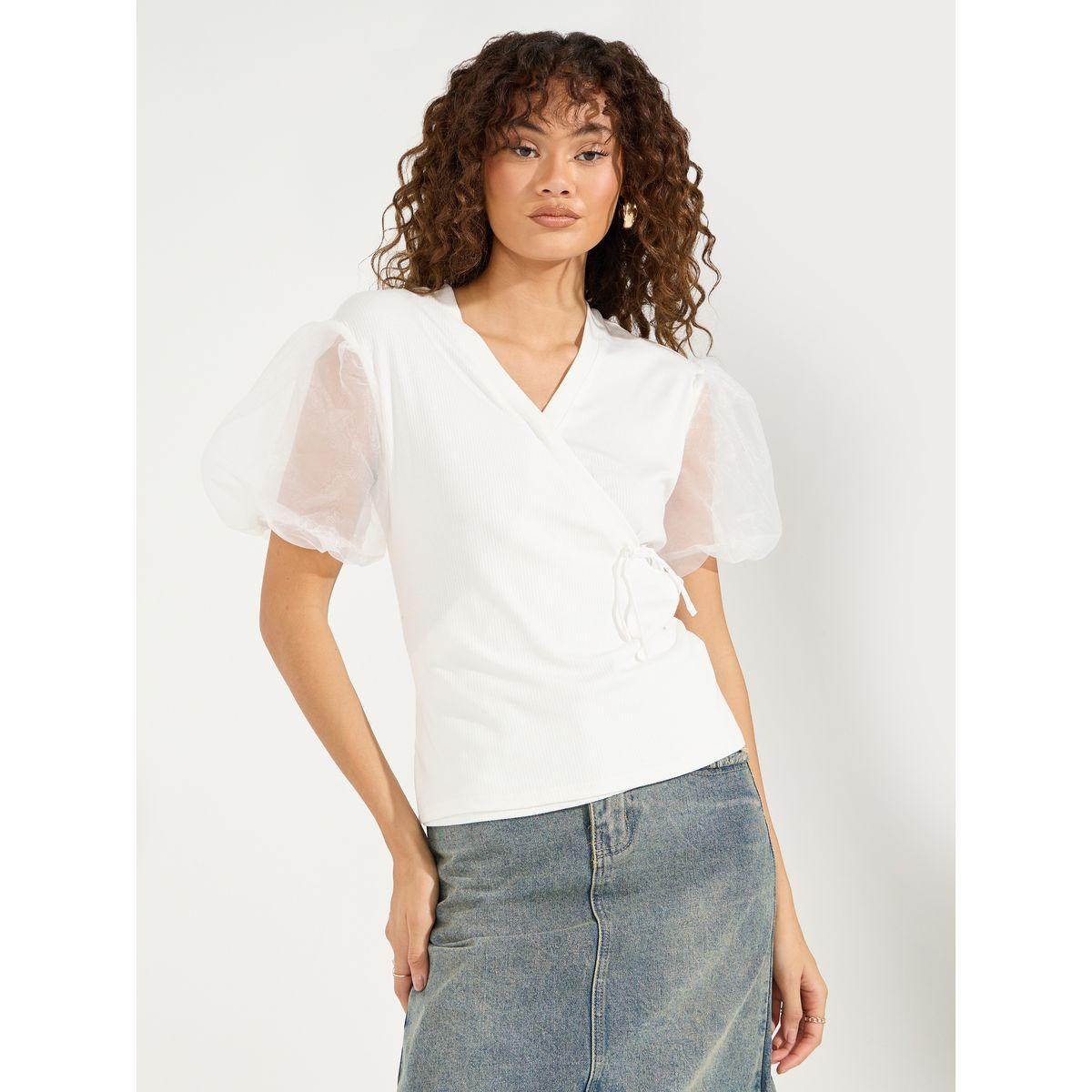 بلوزة محبوكة بنمط لف وأكمام منفوخة-women-clothing-shirtsandblouses-blouses-image-1