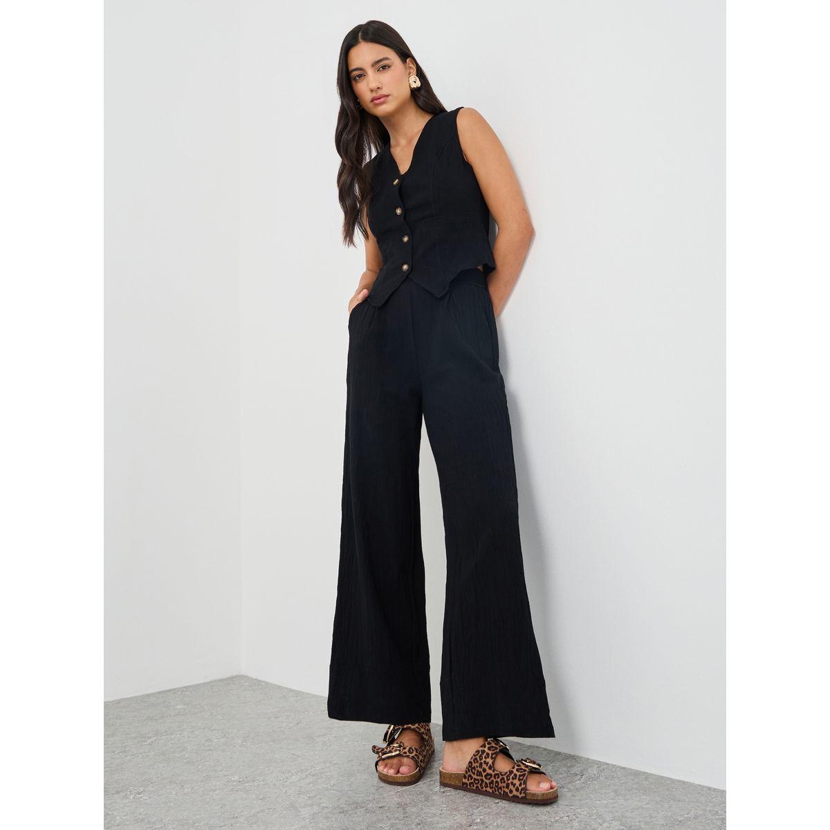 Styli Solid Sleeveless Waistcoat and Wide Leg Pants Co-Ords-women-clothing-coordsets-image-1