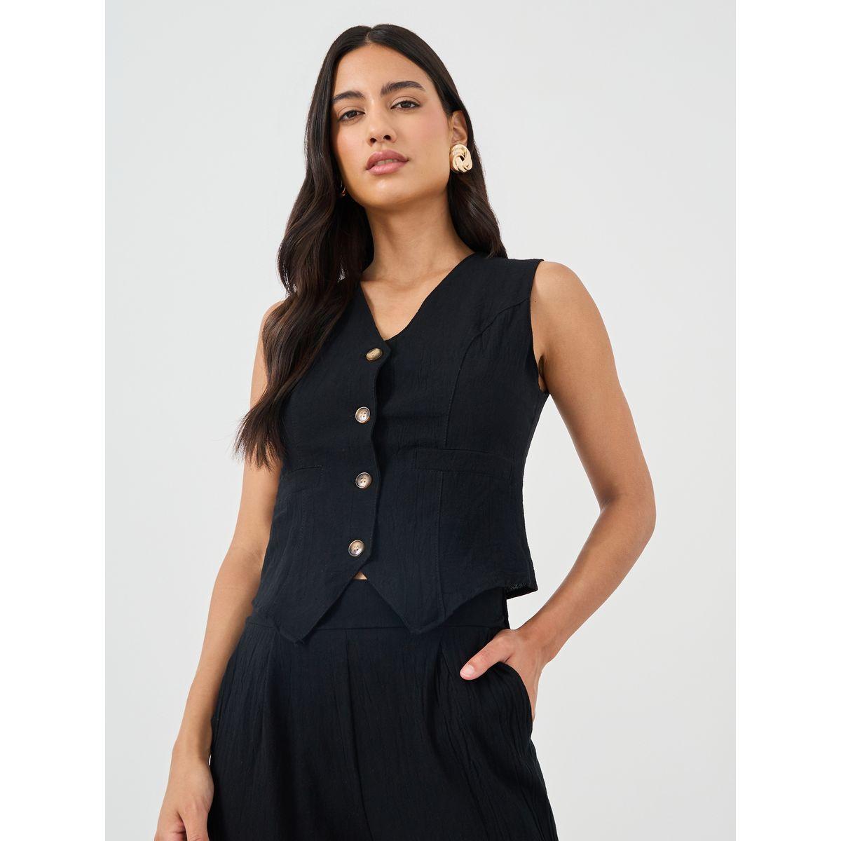 Styli Solid Sleeveless Waistcoat and Wide Leg Pants Co-Ords-women-clothing-coordsets-image-2