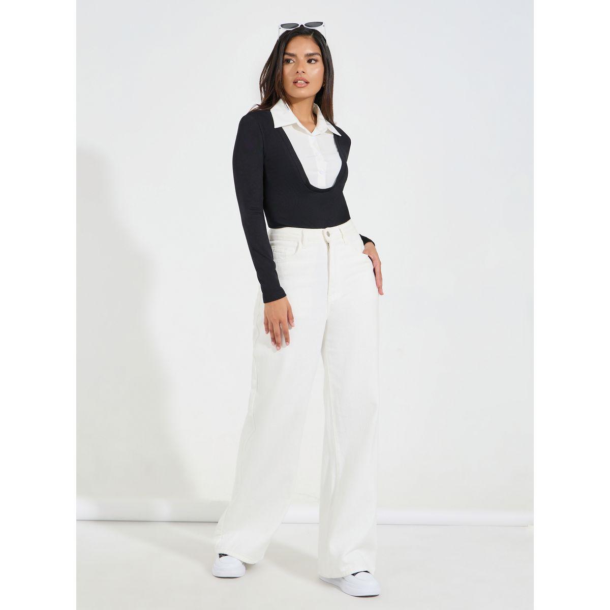 بودي سوت مضلع مع ياقة بتفاصيل مُتباينة-women-clothing-tshirts-image-2