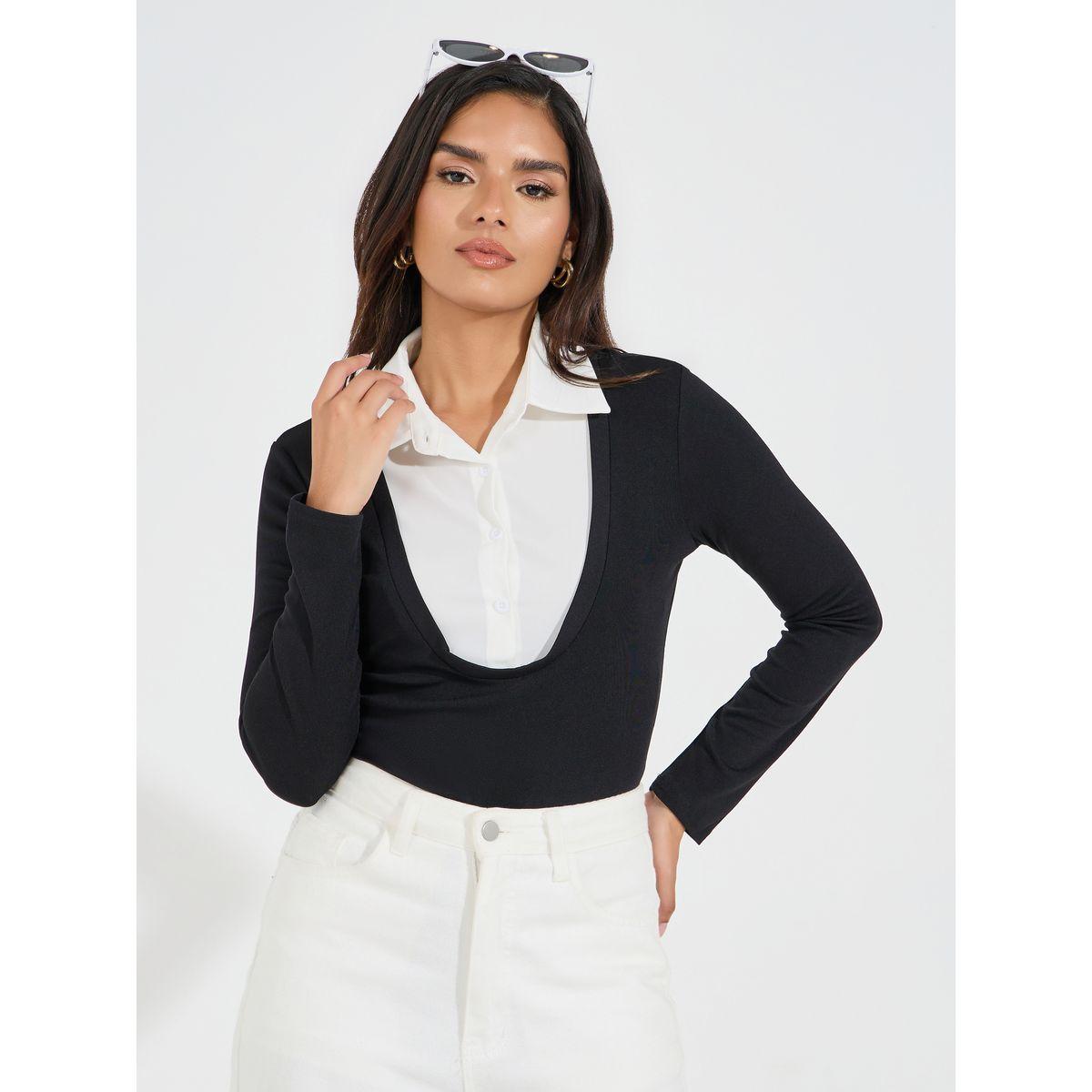 Styli Ribbed Knit Contrast Collar Bodysuit-women-clothing-tshirts-image-3