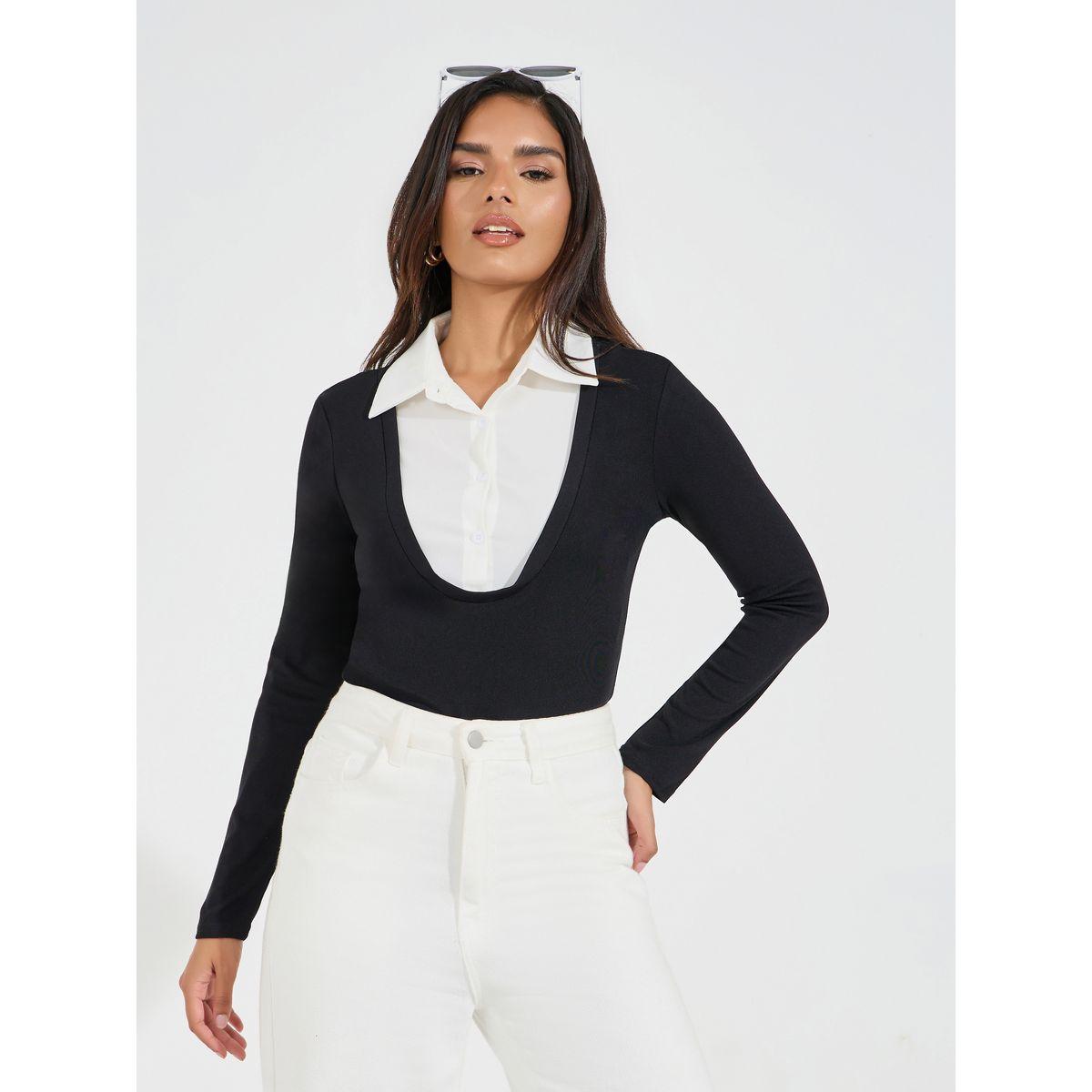 بودي سوت مضلع مع ياقة بتفاصيل مُتباينة-women-clothing-tshirts-image-4