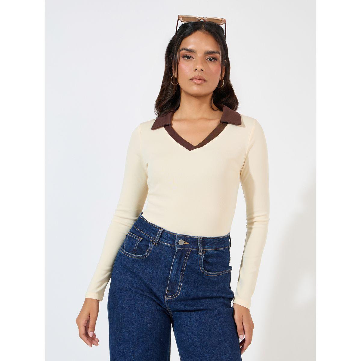 Styli Rib Knit Bodysuit with Contrast Collar-women-clothing-tshirts-image-2