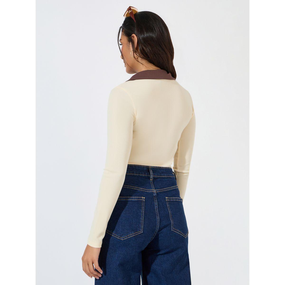 Styli Rib Knit Bodysuit with Contrast Collar-women-clothing-tshirts-image-5