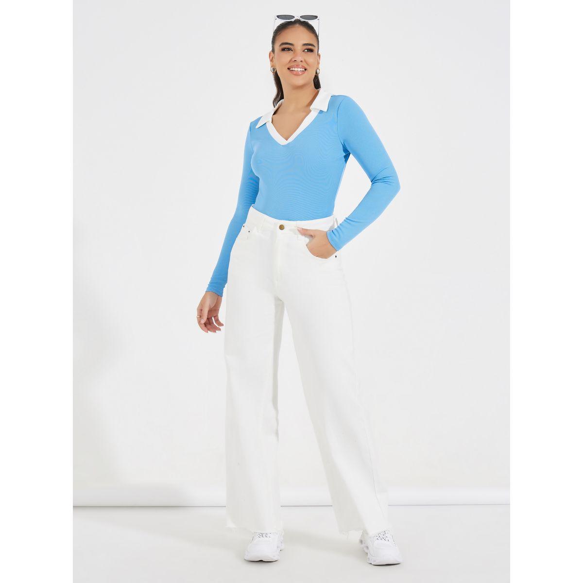 Styli Rib Knit Bodysuit with Contrast Collar-women-clothing-shirtsandblouses-blouses-image-2