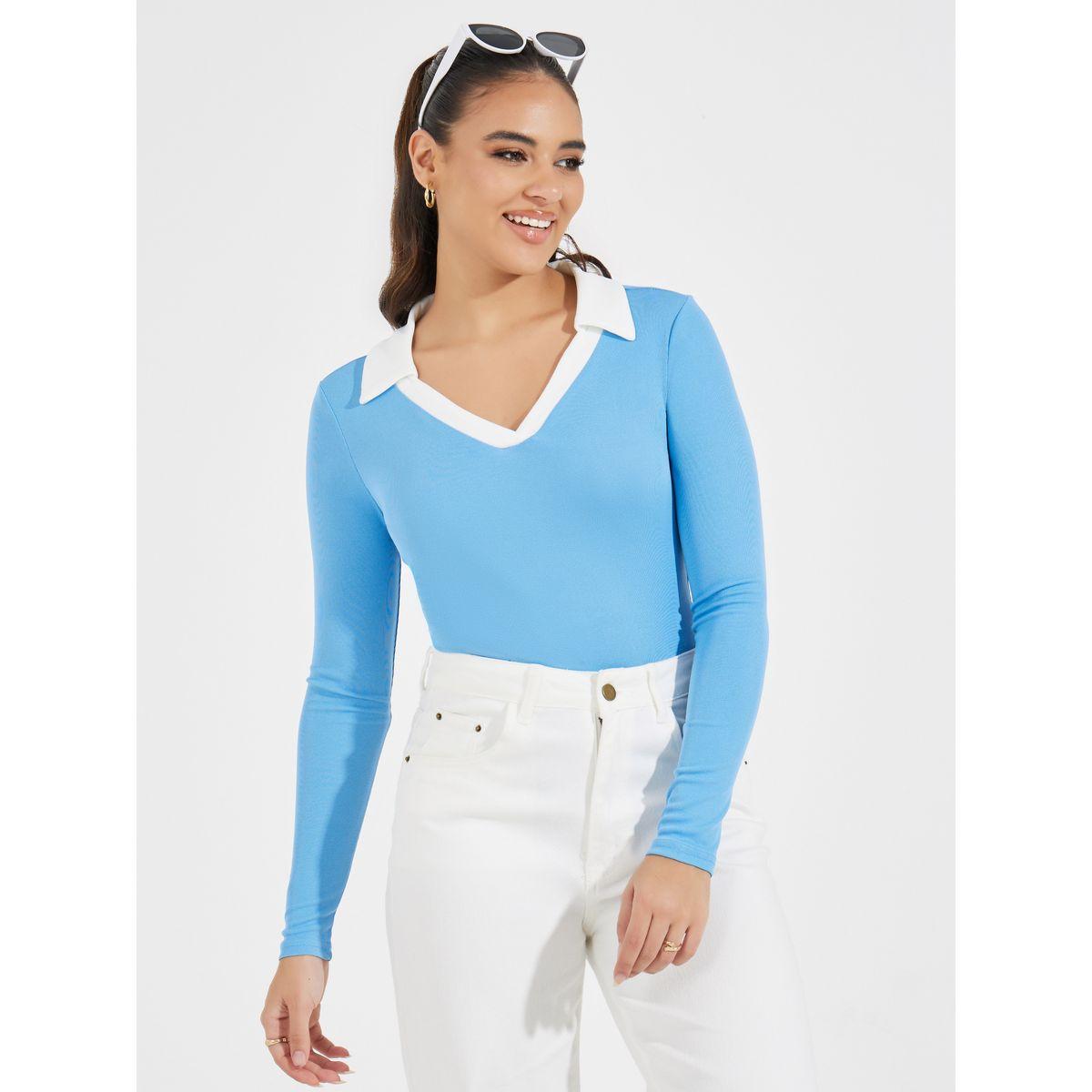 Styli Rib Knit Bodysuit with Contrast Collar-women-clothing-shirtsandblouses-blouses-image-3