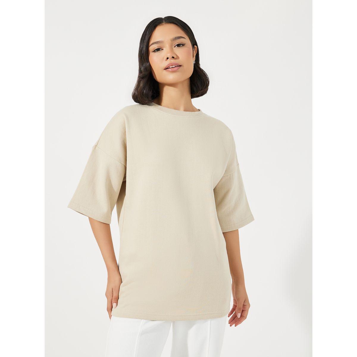 Solid Oversized Dropped Shoulder Fleece T-Shirt-women-clothing-tshirts-image-1