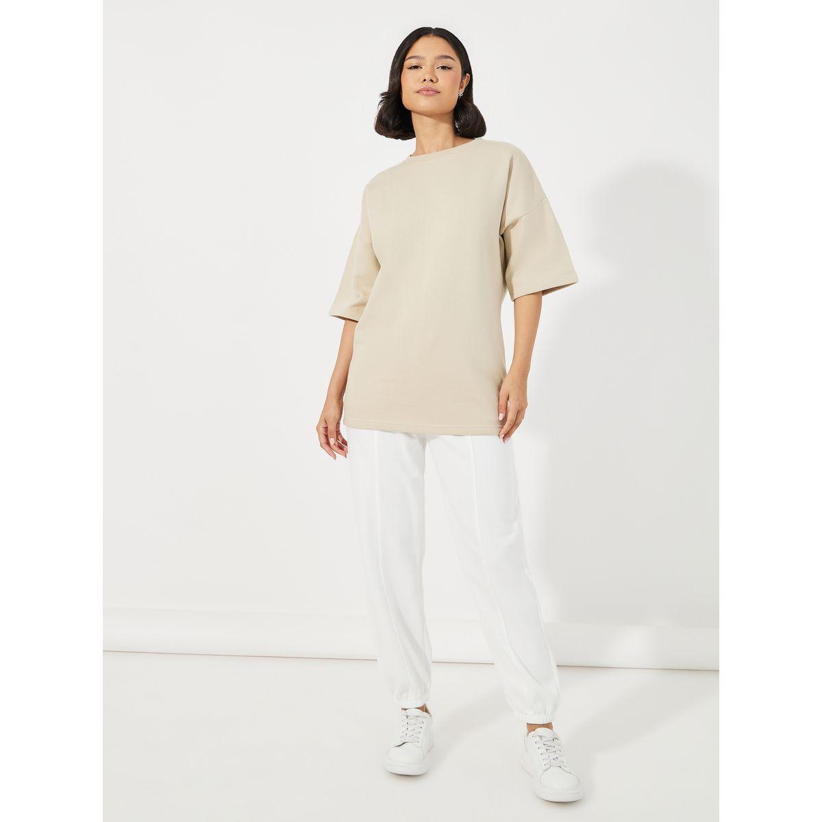Solid Oversized Dropped Shoulder Fleece T-Shirt-women-clothing-tshirts-image-2