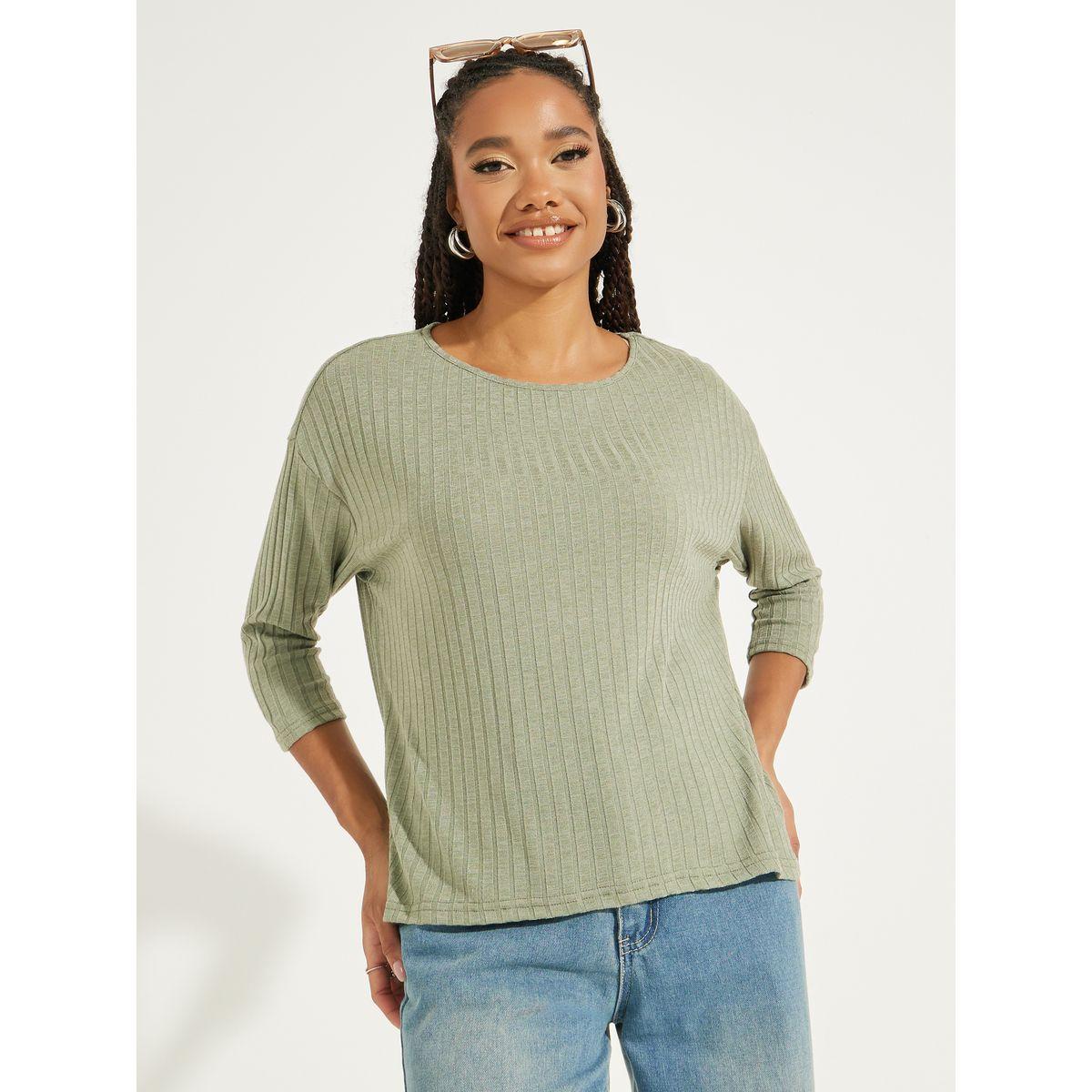 Styli Rib Knit Top with 3/4 Sleeves-women-clothing-shirtsandblouses-blouses-image-1