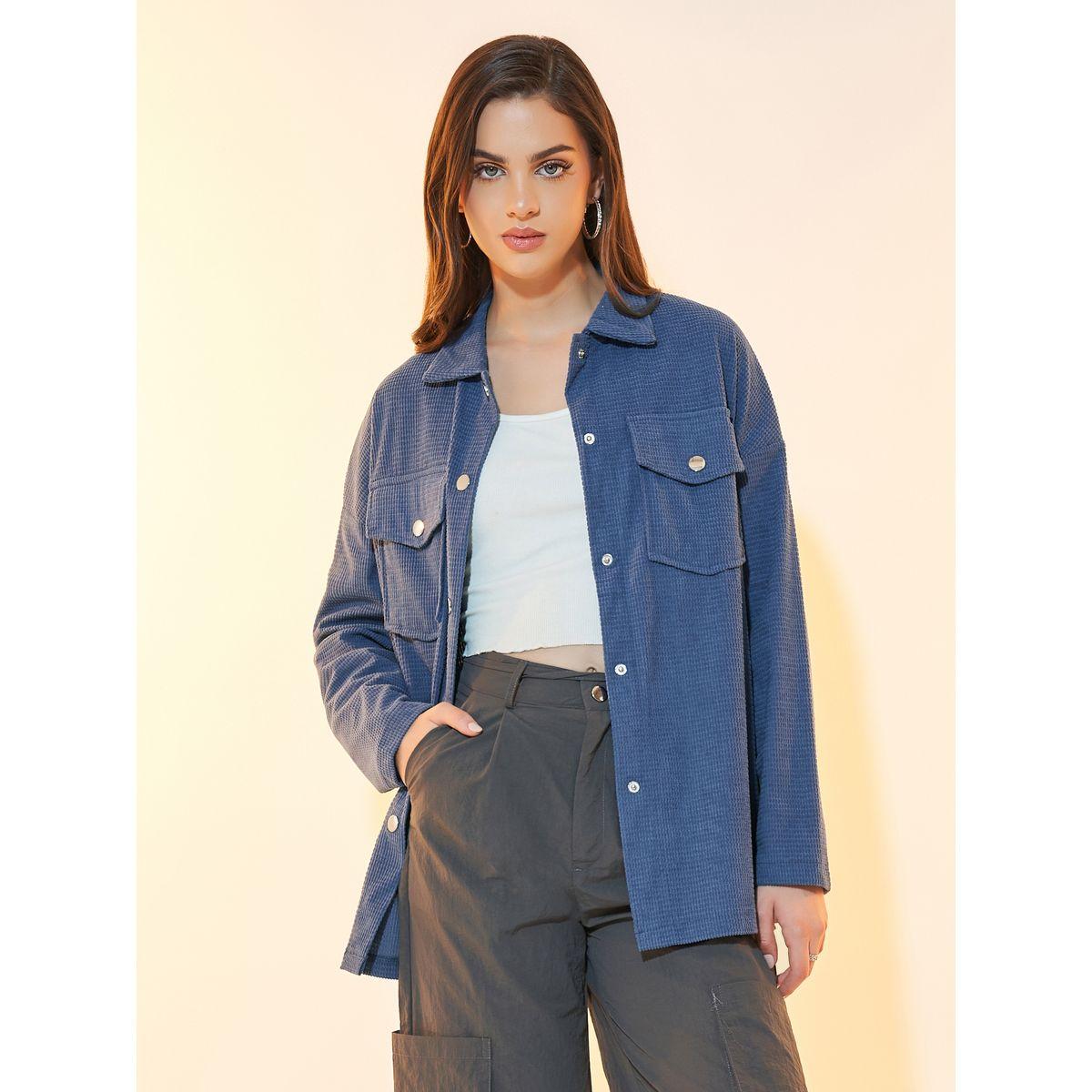 Styli Oversized Corduroy Jacket with Flap Pockets-women-winterwear-coatsandjackets-jackets-image-1
