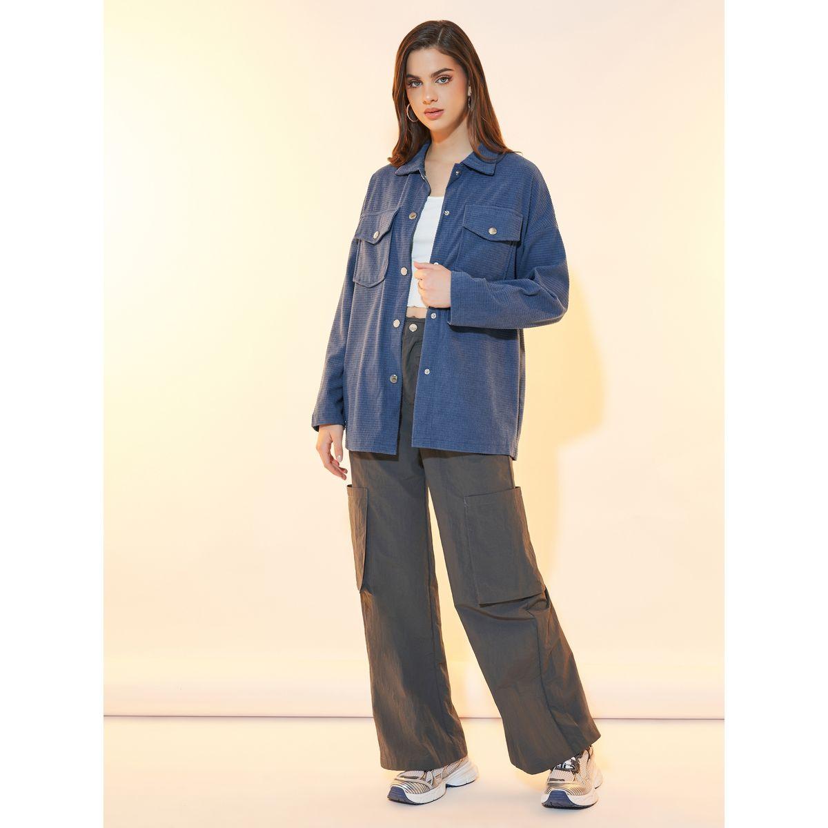 Styli Oversized Corduroy Jacket with Flap Pockets-women-winterwear-coatsandjackets-jackets-image-2