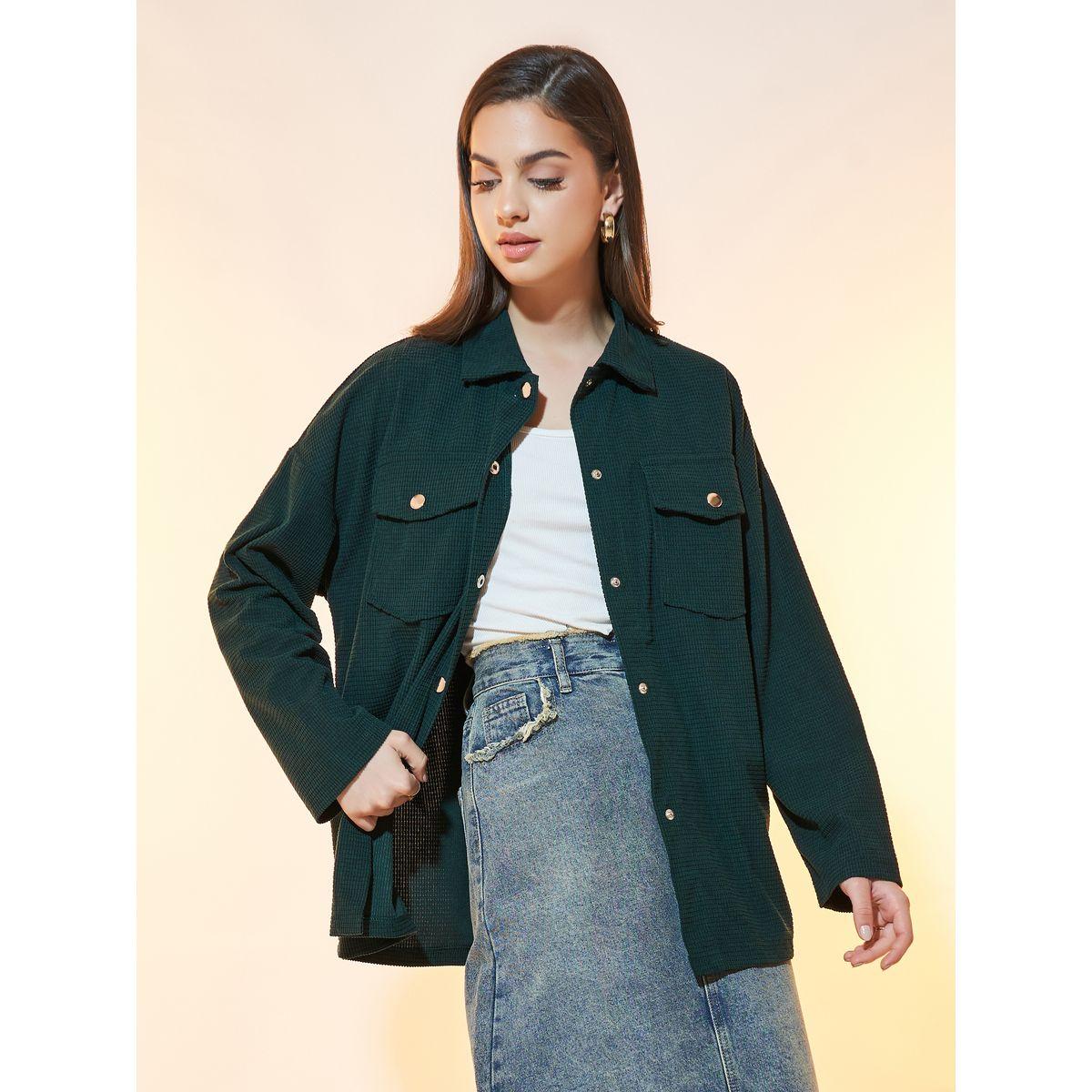 Styli Oversized Corduroy Jacket with Flap Pockets-women-winterwear-coatsandjackets-jackets-image-1