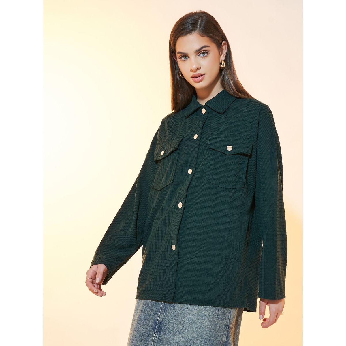 Styli Oversized Corduroy Jacket with Flap Pockets-women-winterwear-coatsandjackets-jackets-image-4