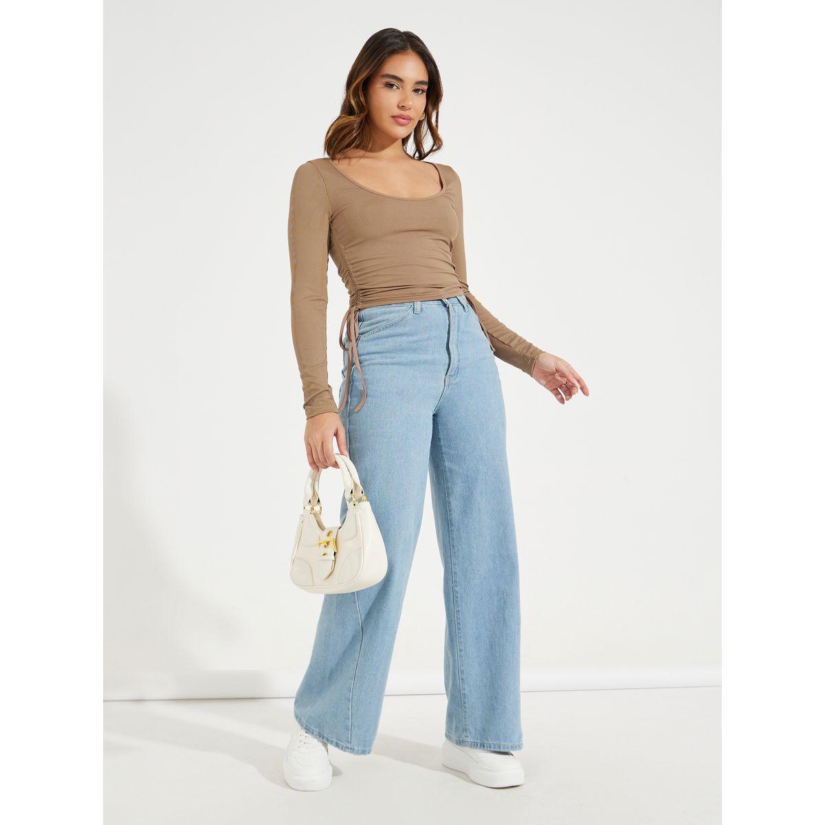 Styli Side Ruched Detail Rib Long Sleeves T-Shirt-women-clothing-tshirts-image-2
