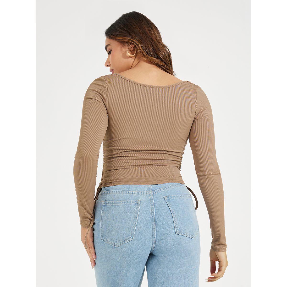 تيشيرت مضلع بتفاصيل مزمومة واكمام طويلة-women-clothing-tshirts-image-4