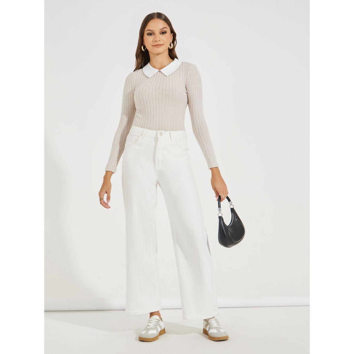 Styli Rib Knit Bodysuit with Contrast Collar-women-clothing-tshirts-image-2