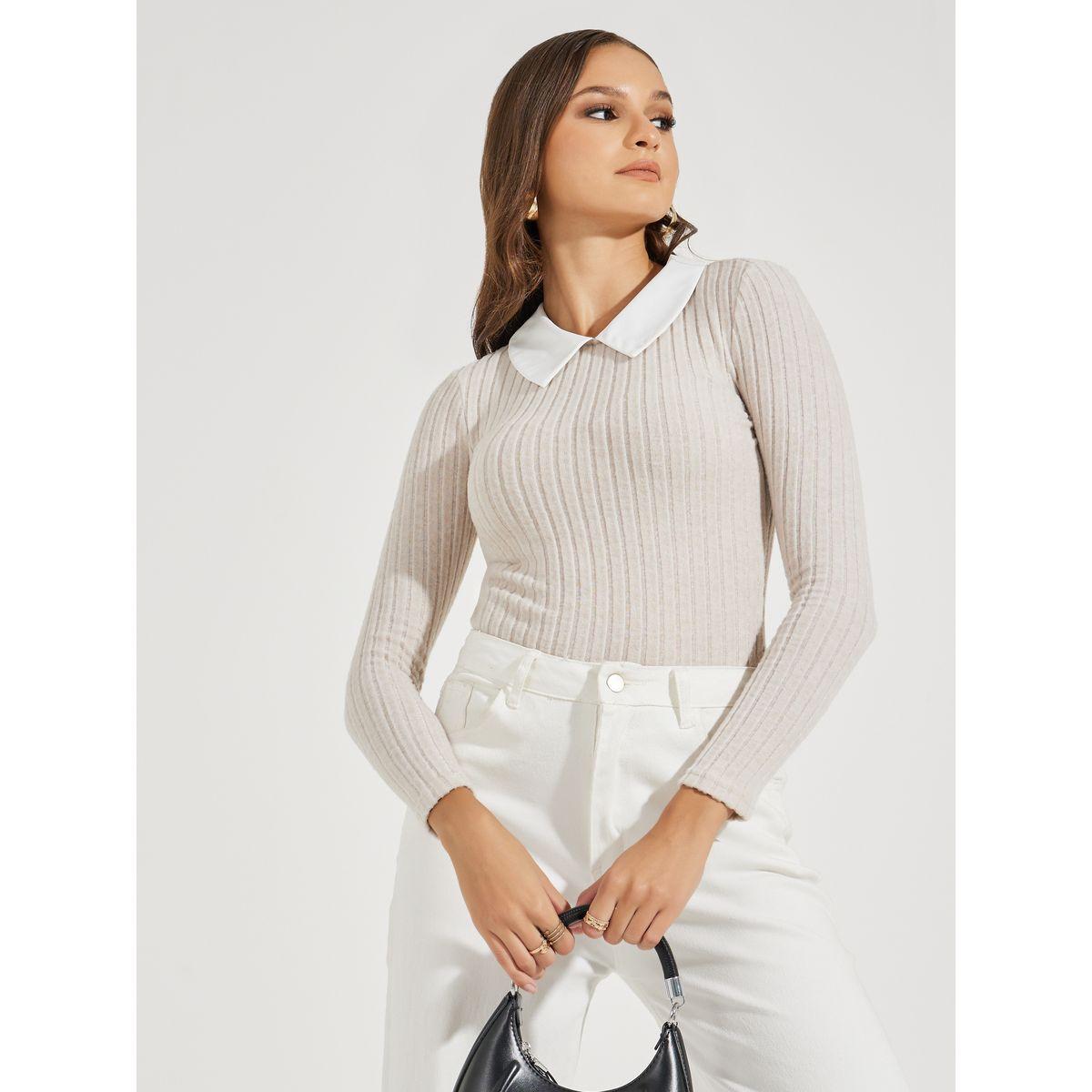 Styli Rib Knit Bodysuit with Contrast Collar-women-clothing-tshirts-image-3