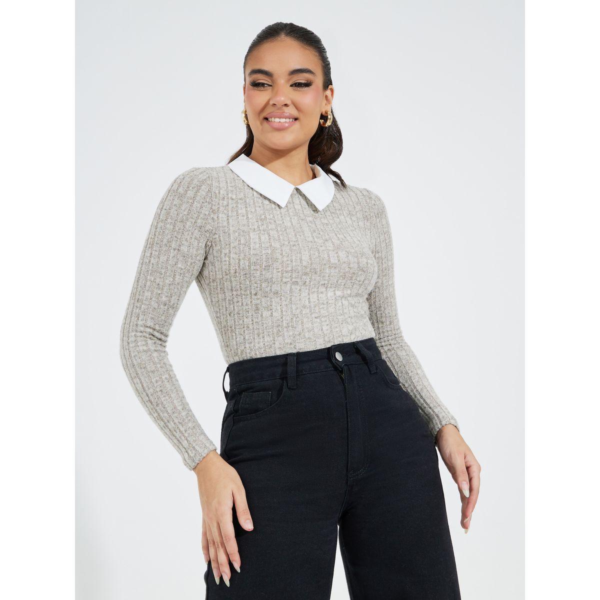 Styli Rib Knit Bodysuit with Contrast Collar-women-clothing-tshirts-image-2