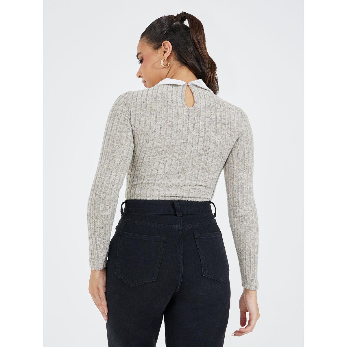 Styli Rib Knit Bodysuit with Contrast Collar-women-clothing-tshirts-image-5