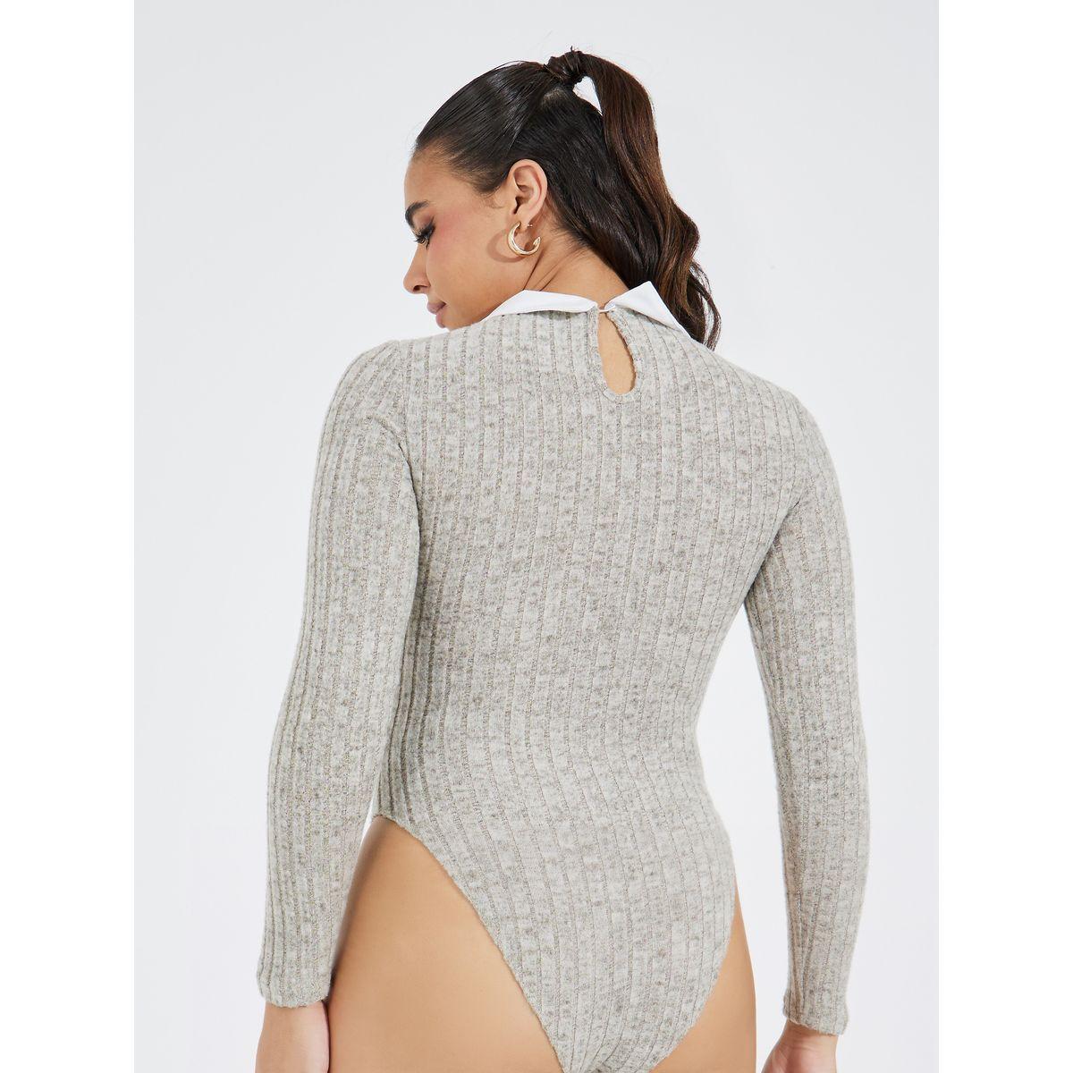 Styli Rib Knit Bodysuit with Contrast Collar-women-clothing-tshirts-image-6