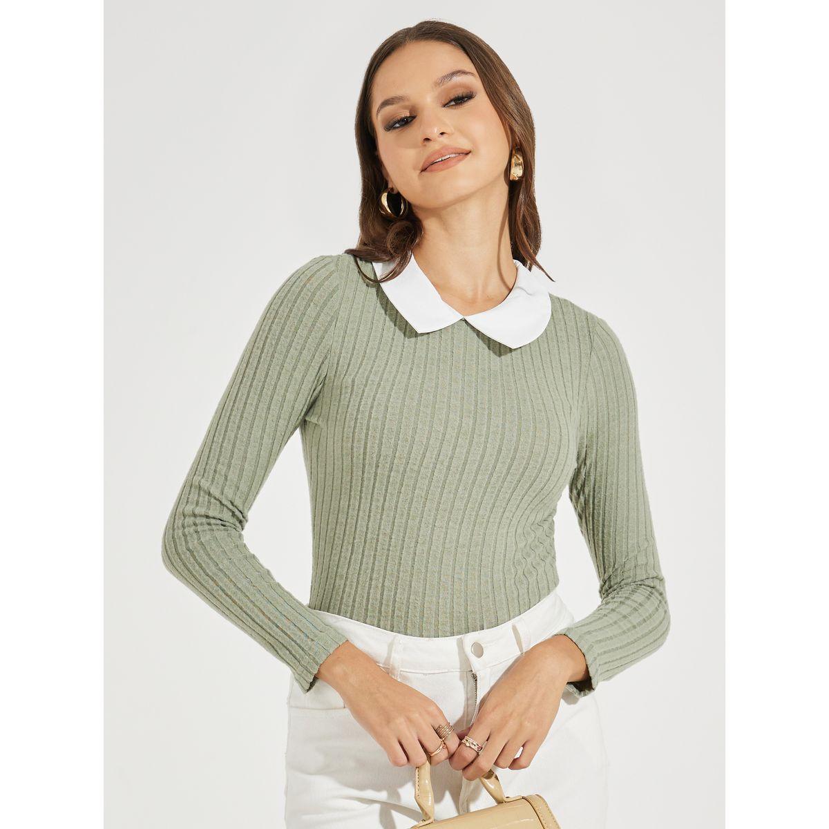 Styli Rib Knit Bodysuit with Contrast Collar-women-clothing-tshirts-image-3