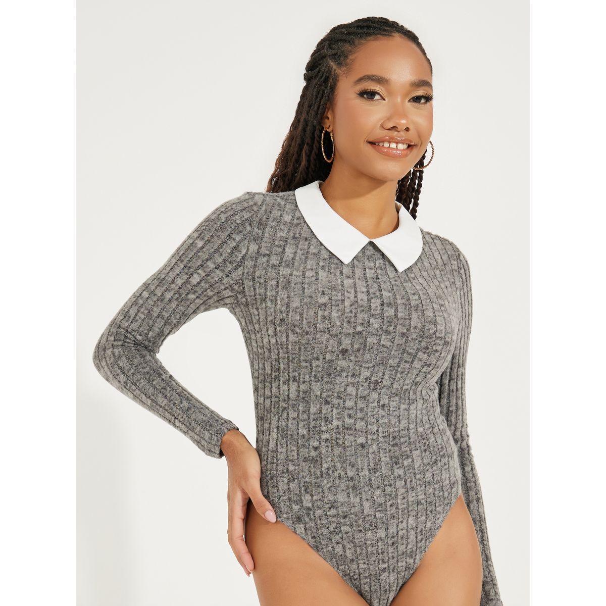 Styli Rib Knit Bodysuit with Contrast Collar-women-clothing-tshirts-image-1