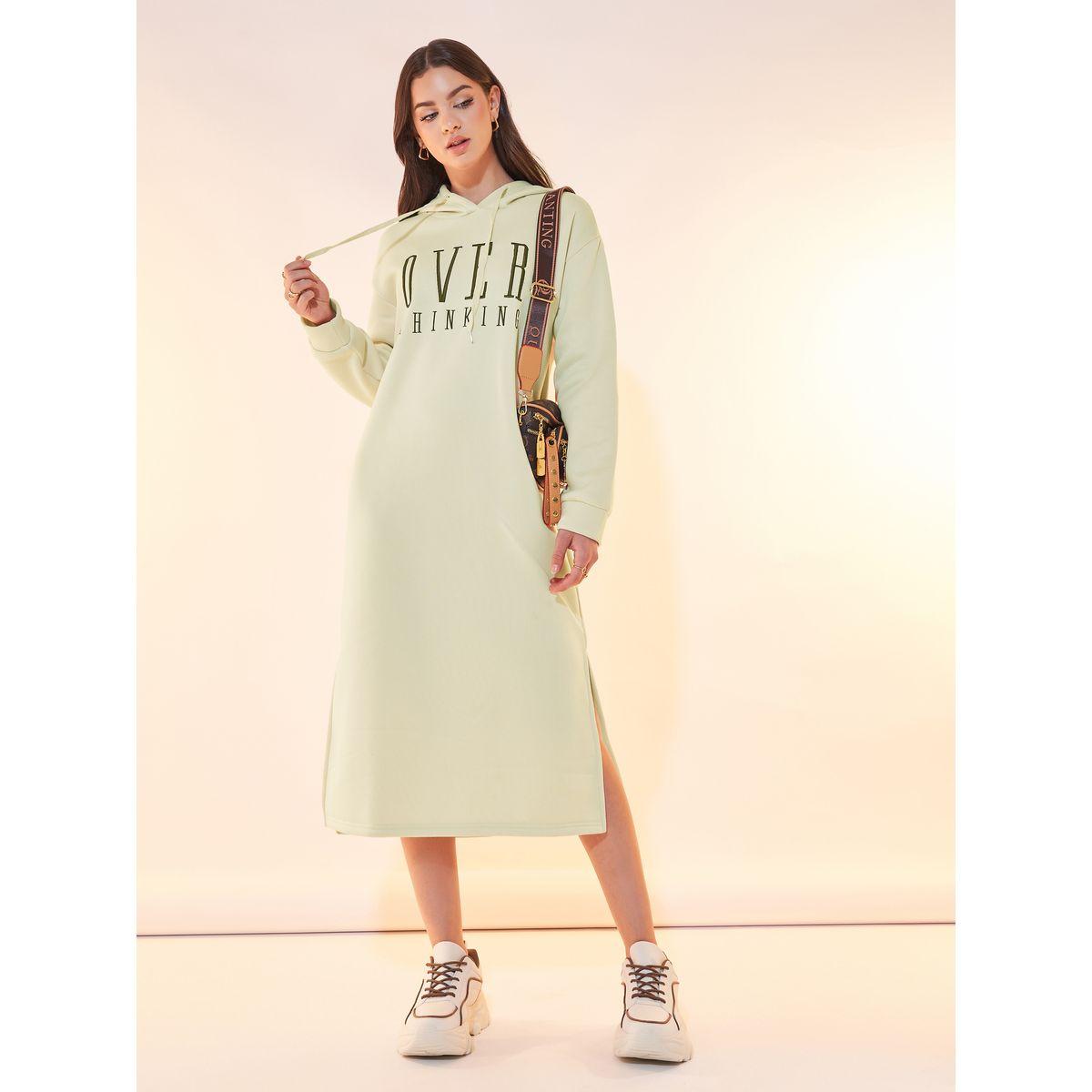 Styli Text Print Hooded Midi Dress with Drawstring-women-clothing-dresses-image-1