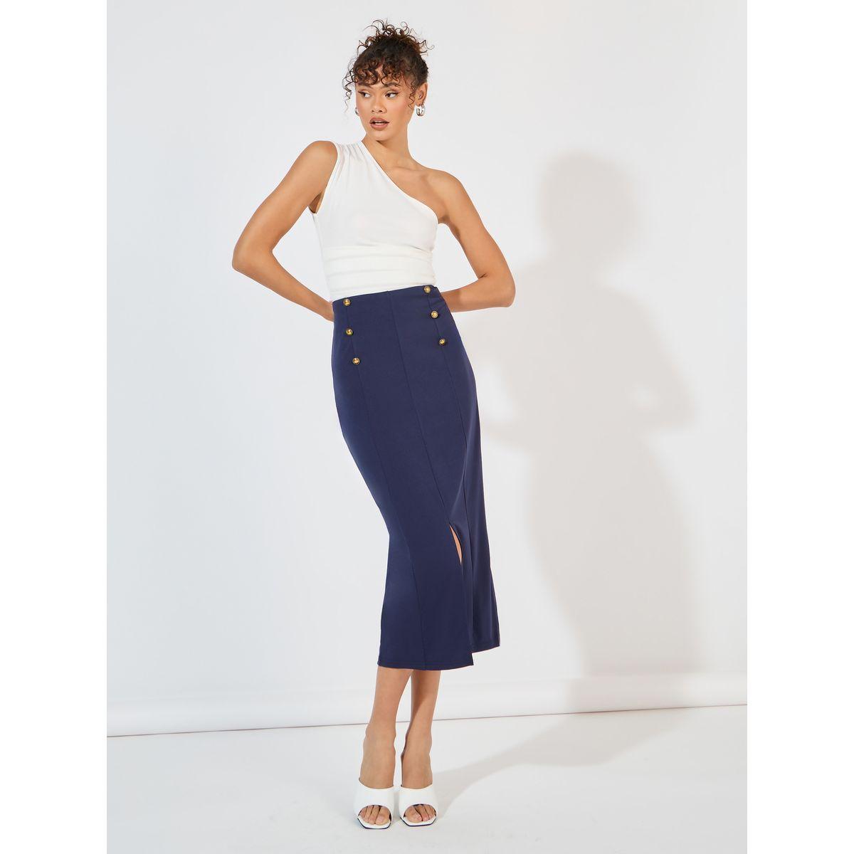 Styli Button Detail Midi Skirt with Split Hem-women-clothing-bottoms-skirts-image-1