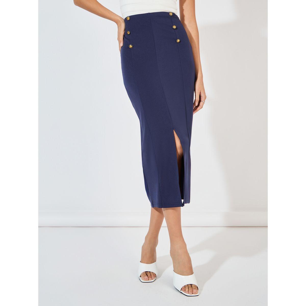 Styli Button Detail Midi Skirt with Split Hem-women-clothing-bottoms-skirts-image-2