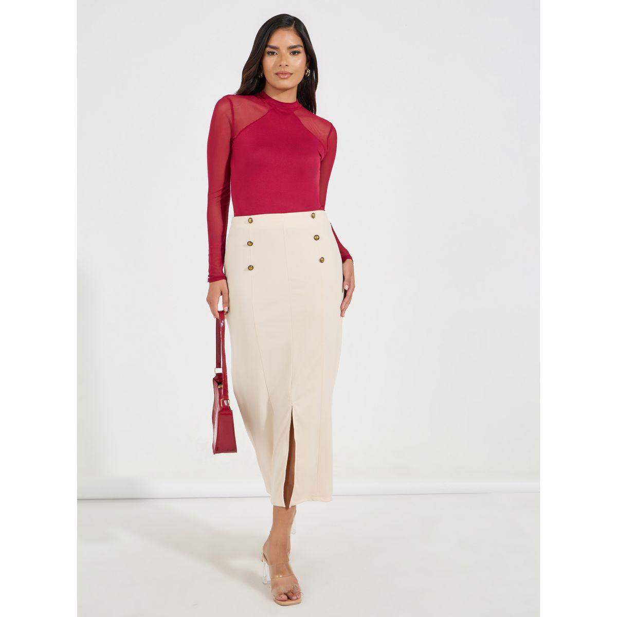 Styli Button Detail Midi Skirt with Split Hem-women-clothing-bottoms-skirts-image-1