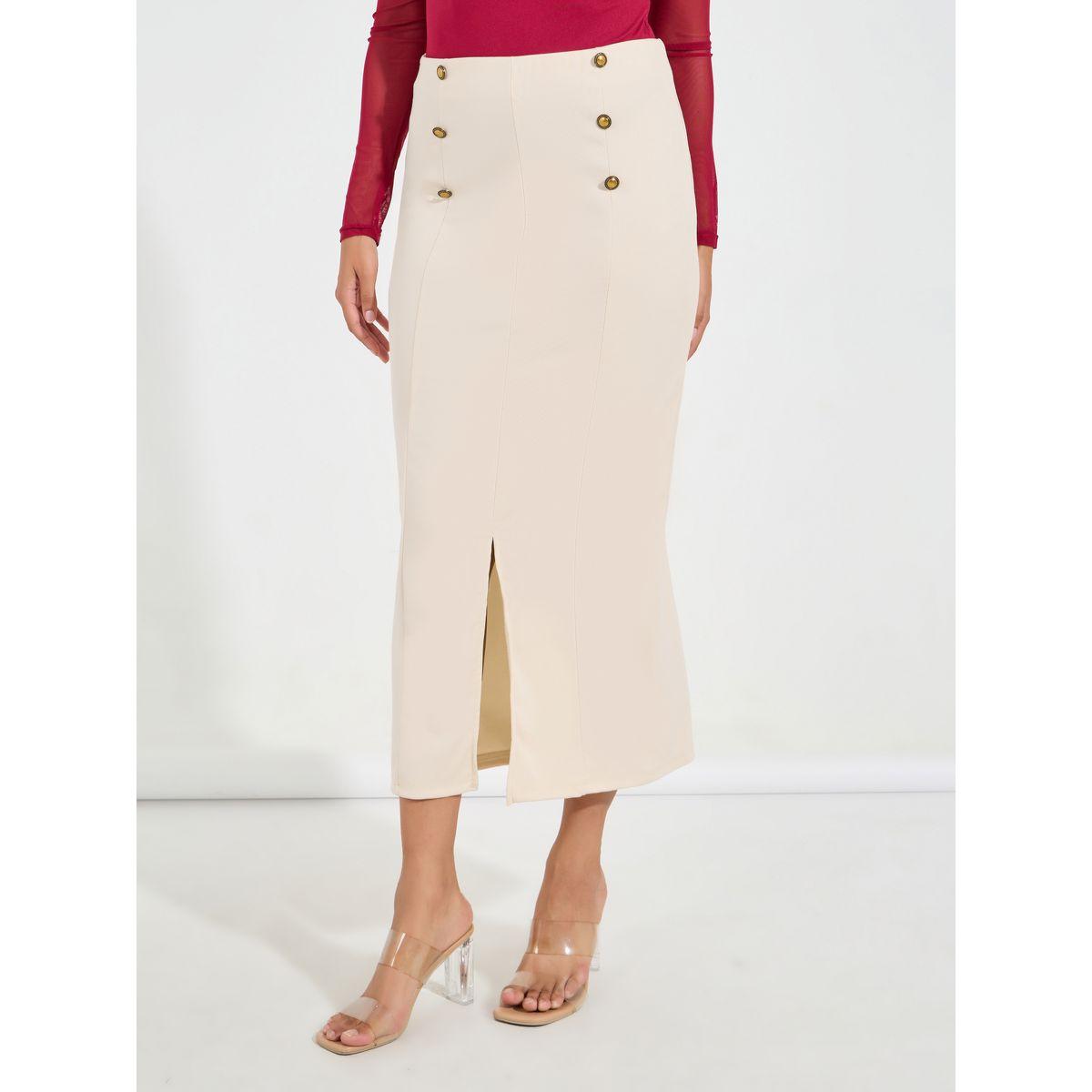 Styli Button Detail Midi Skirt with Split Hem-women-clothing-bottoms-skirts-image-2