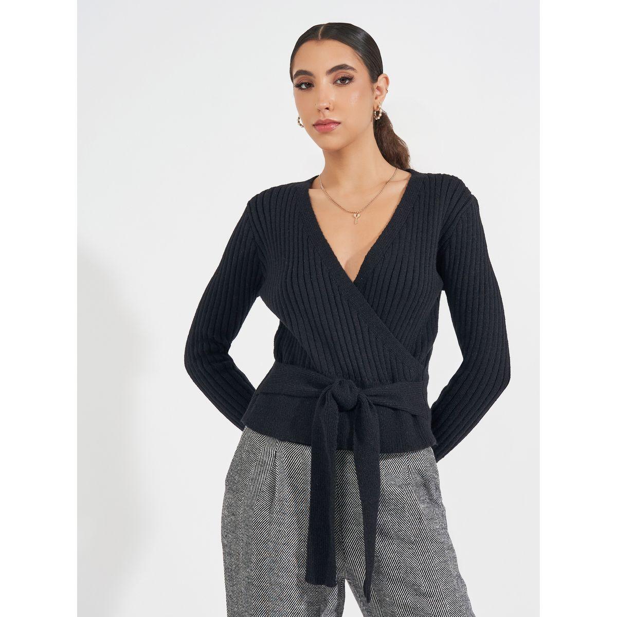 بلوزة مضلعة بنمط لف مع رباط-women-clothing-shirtsandblouses-blouses-image-1