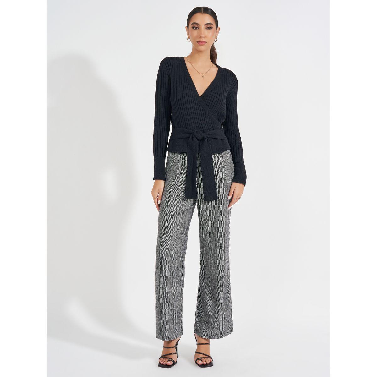 بلوزة مضلعة بنمط لف مع رباط-women-clothing-shirtsandblouses-blouses-image-2