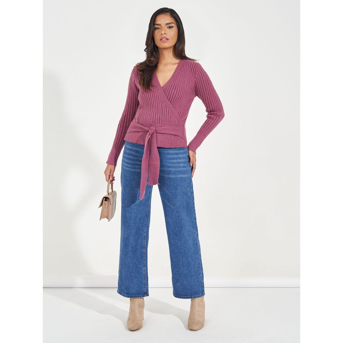 Styli Rib Knitted Mock Wrap Top with Tie Detail-women-clothing-shirtsandblouses-blouses-image-2