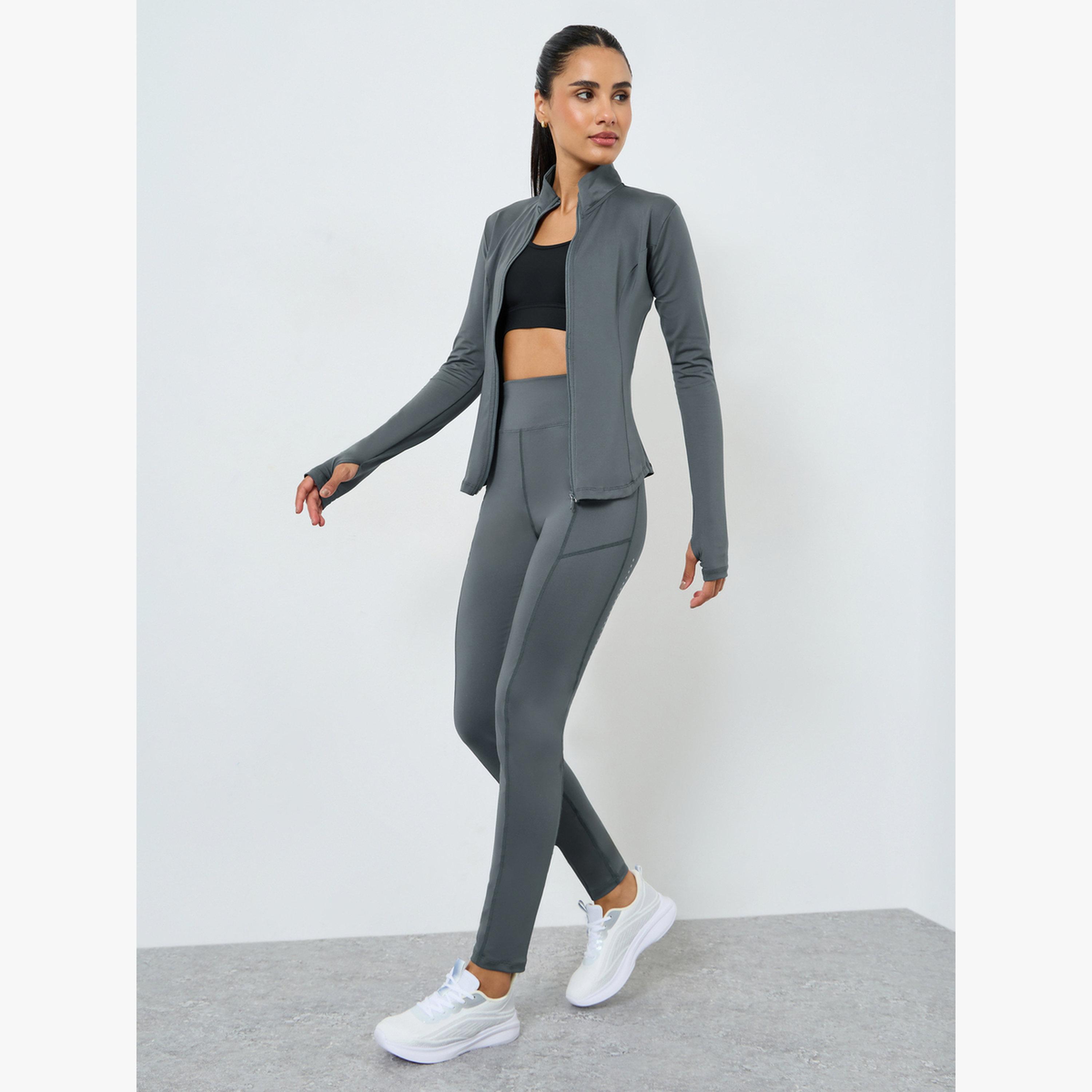 طقم جاكيت بسحاب وتفاصيل نقاط عاكسة مع ليقنز-women-clothing-sportswearandactivewear-trackpantsandtracksuits-image-2